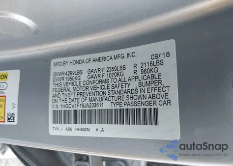 2018 Honda Accord Lx из США, поврежденный, VIN 1HGCV1F16JA233611